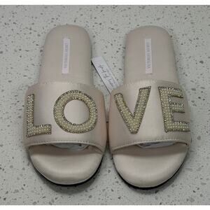 Victoria’s Secret LOVE Slide Sandals Pearl Rhinestone Satin Slippers NWT Size S